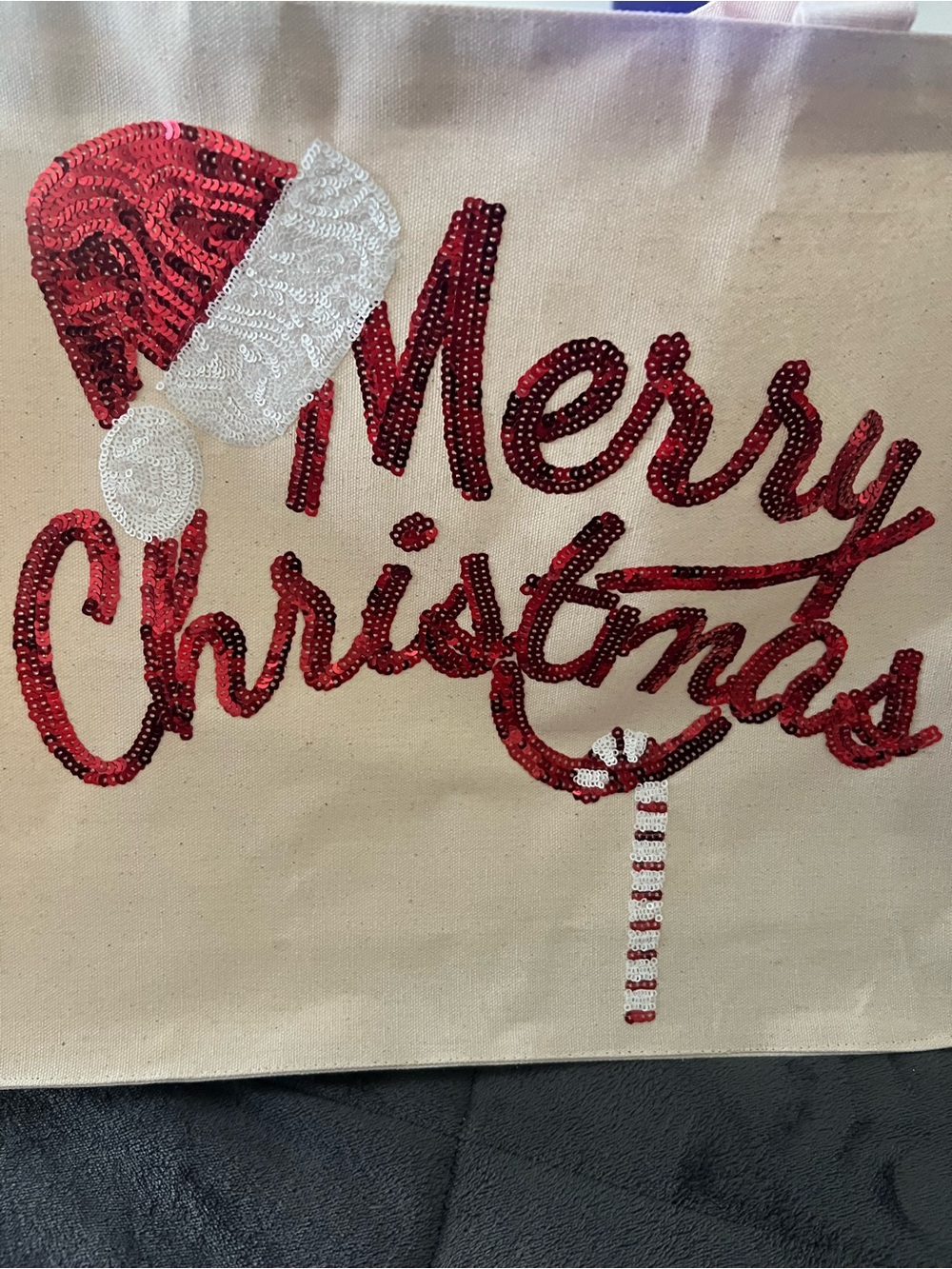 Festive Holiday Sequin Tote Bag - Merry Christmas in Red & White